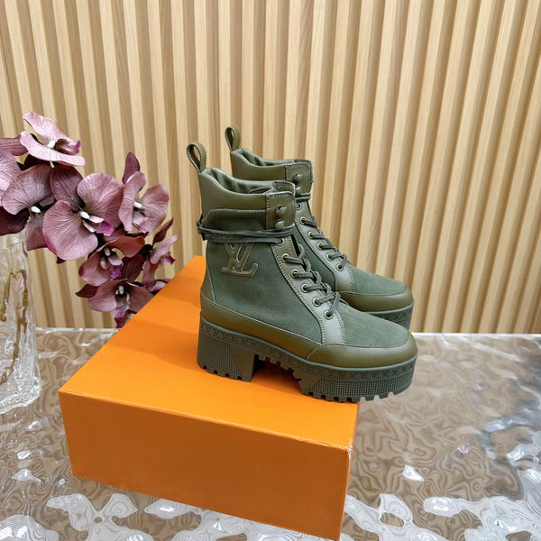 LV Laureate Platform Desert Boot 70mm Tessuto denim verde kaki