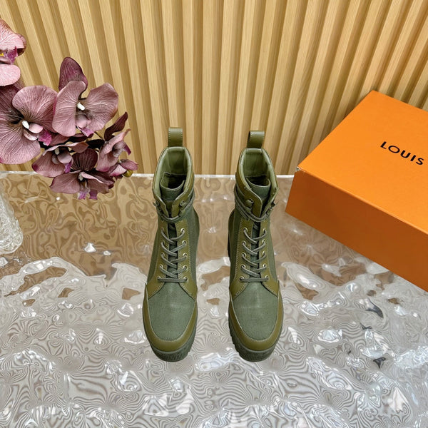 LV Laureate Platform Desert Boot 70mm Tessuto denim verde kaki