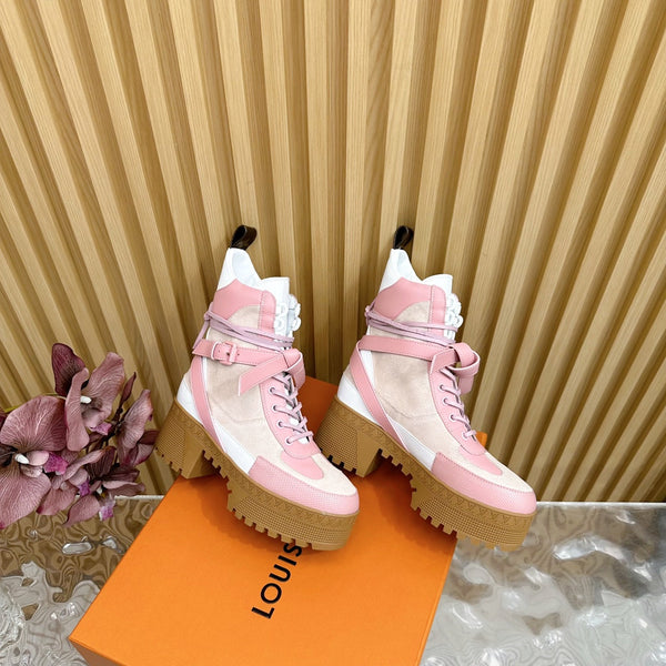 LV Laureate Platform Desert Boot 70mm Rosa Mix Beige Suede