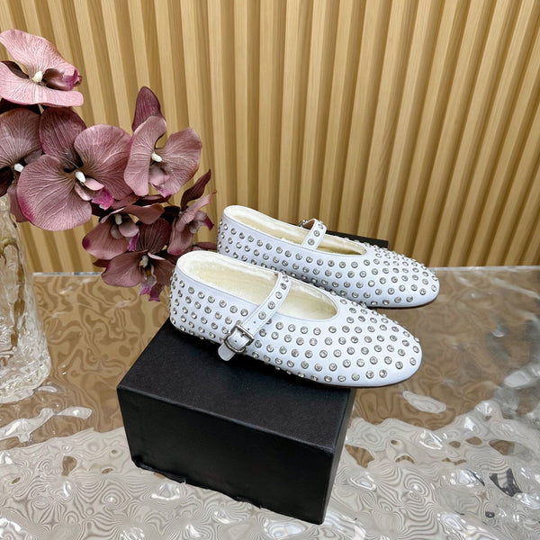 Alaia Strass Ballet Flats In White Calfskin With Fleece Lining 926039