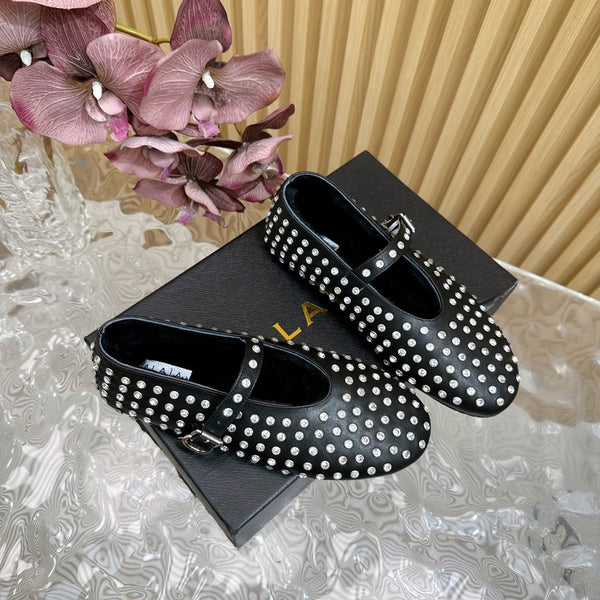 Alaia Strass Ballet Flats In Black Calfskin With Fleece Lining 926043