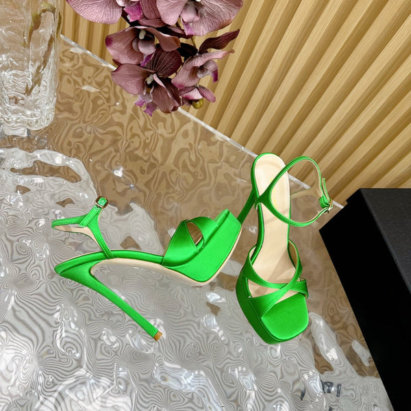 DEBBIE PLATFORM SANDALS IN GREEN SILK