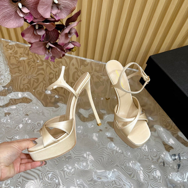 DEBBIE PLATFORM SANDALS IN IVORY BEIGE SILK
