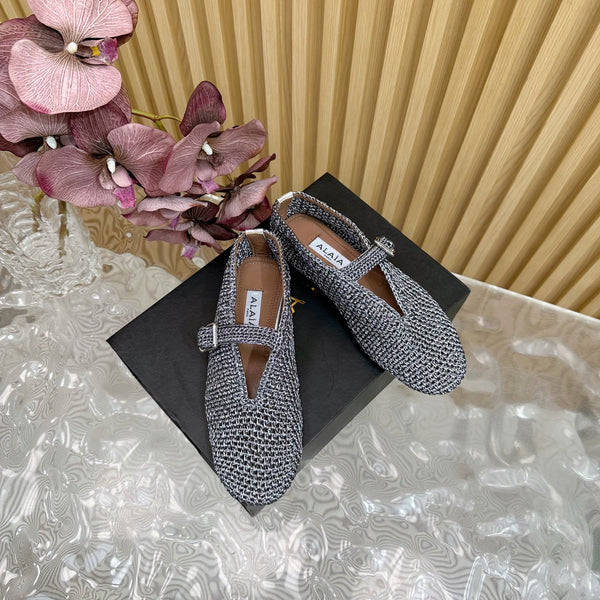 Alaia Ballet Flats In Dark Grey Stretch Woven Sedge 102278