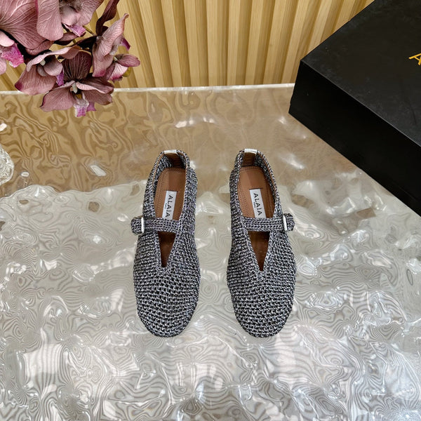 Alaia Ballet Flats In Dark Grey Stretch Woven Sedge 102278