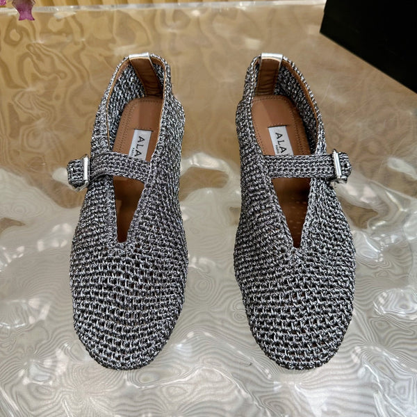 Alaia Ballet Flats In Dark Grey Stretch Woven Sedge 102278