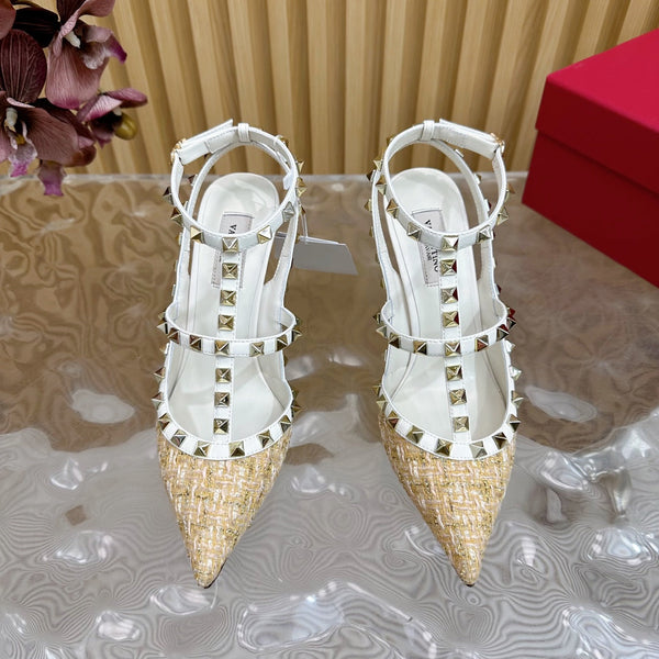 Décolleté Rockstud in tessuto pied de poule bianco e beige scuro e pelle bovina, 95 mm, 102083