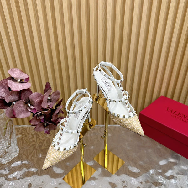 Décolleté Rockstud in tessuto pied de poule bianco e beige scuro e pelle bovina, 95 mm, 102083