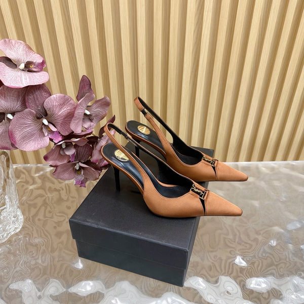 BABYLONE SLINGBACK PUMPS IN RUSTIC ORANGE SILK GOLD LOGO