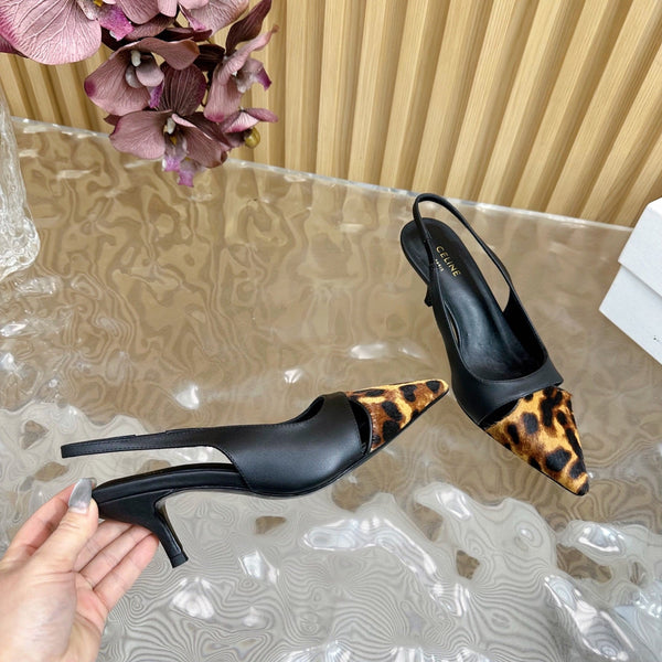 CL Judy Cap Toe Skingback 60mm in pelle di vitello nera e pelle di vitello pelosa stampata leopardo 313782