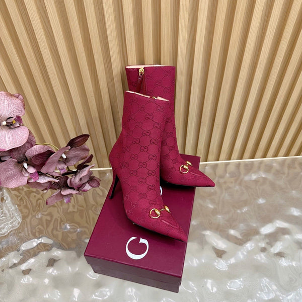 Gucci 2025 Thick-heeled Square-toed Ankle Boots Red Gold Sheepskin Fabric 498066