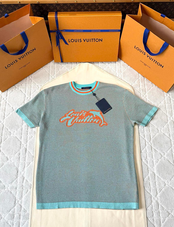 LV 25 Dolphin Jacquard Short Sleeve Shirt Blue Sweater Knit