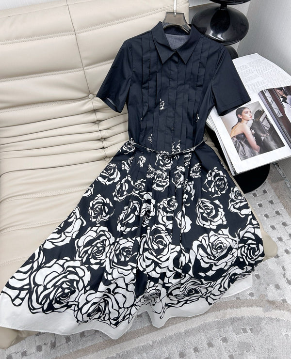 CD 2025 Floral Short-sleeved Belt Shirt Dress Black mix White Cotton