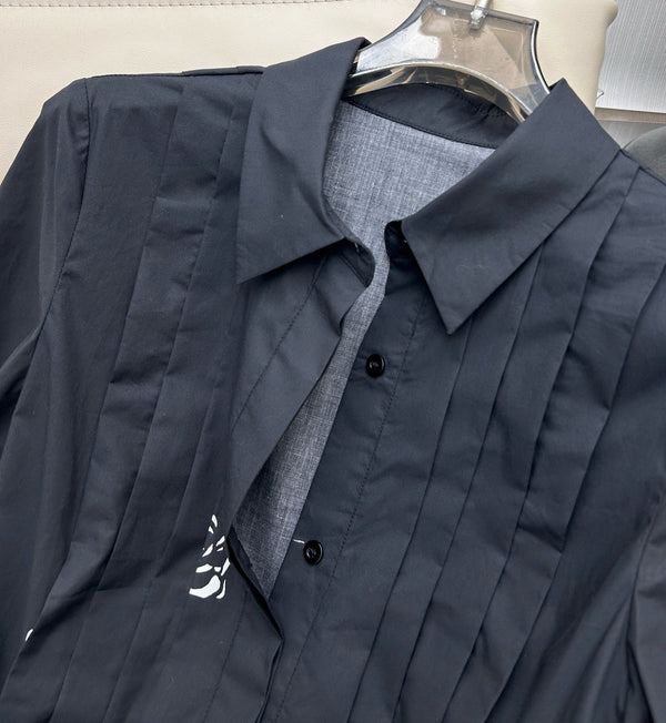 CD 2025 Floral Short-sleeved Belt Shirt Dress Black mix White Cotton