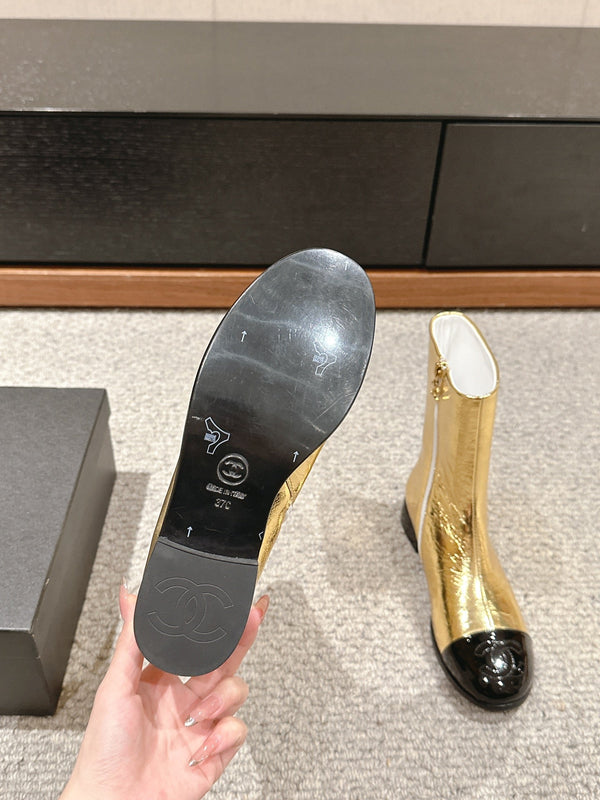 CC Short Boot Gold Metalic Lambskin Black Patent Calfskin