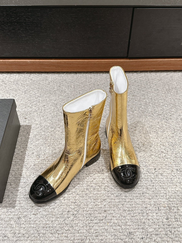 CC Short Boot Gold Metalic Lambskin Black Patent Calfskin