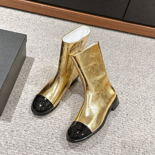 CC Short Boot Gold Metalic Lambskin Black Patent Calfskin