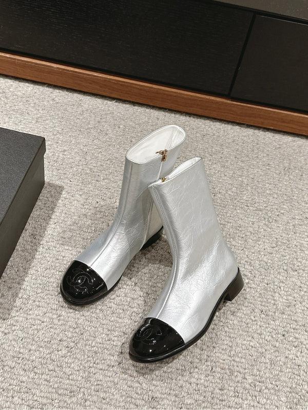 CC Short Boot Silver Metalic Lambskin Black Patent Calfskin