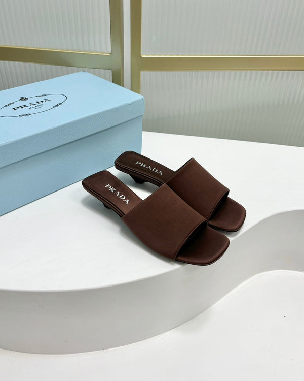 PRA TRIANGLE HEEL SATIN SLIPPERS BROWN