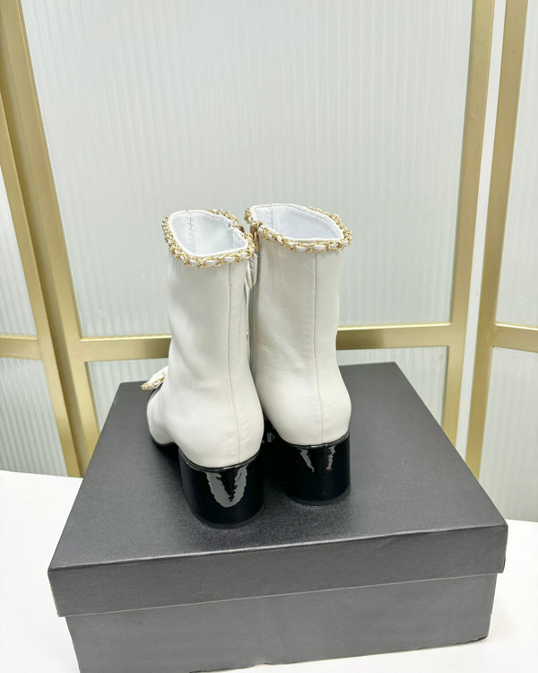 CC Ankle Boot 65 White Calfskin Black Patent Calfksin Leather Strap