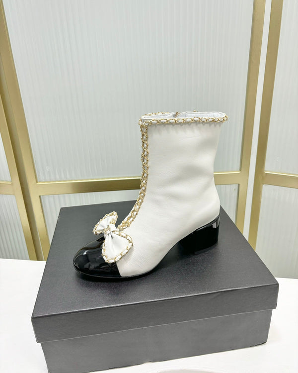 CC Ankle Boot 65 White Calfskin Black Patent Calfksin Leather Strap