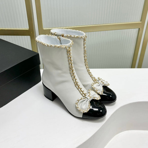 CC Ankle Boot 65 White Calfskin Black Patent Calfksin Leather Strap