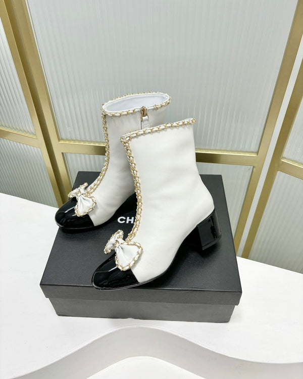 CC Ankle Boot 65 White Calfskin Black Patent Calfksin Leather Strap