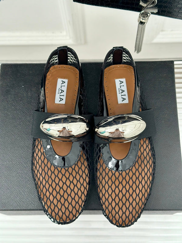 ALAIA MARY JANE SHOES IN BLACK MESH WITH SILVER HARDWARE