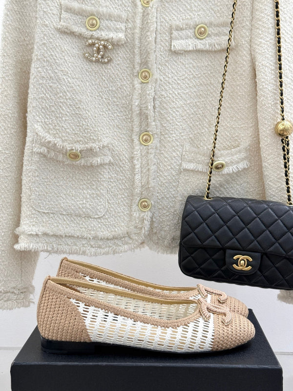 CC 25P Hollow Double C Ballet Flats 15mm Beige White Raffia 265641