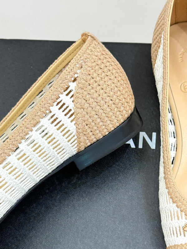 CC 25P Hollow Double C Ballet Flats 15mm Beige White Raffia 265641