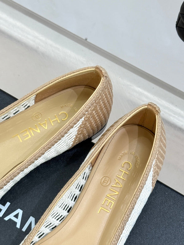 CC 25P Hollow Double C Ballet Flats 15mm Beige White Raffia 265641