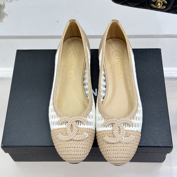 CC 25P Hollow Double C Ballet Flats 15mm Beige White Raffia 265641
