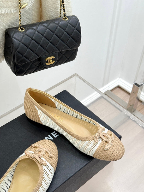 CC 25P Hollow Double C Ballet Flats 15mm Beige White Raffia 265641