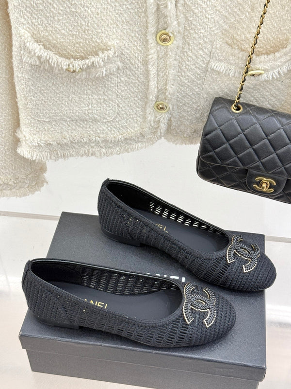 CC 25P Hollow Double C Ballet Flats 15mm Black Raffia 265643