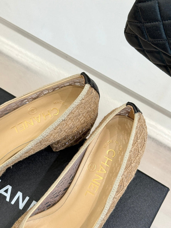 Chanel 25 Ballet Flat 50mm Beige Black Woven Lambskin 473050