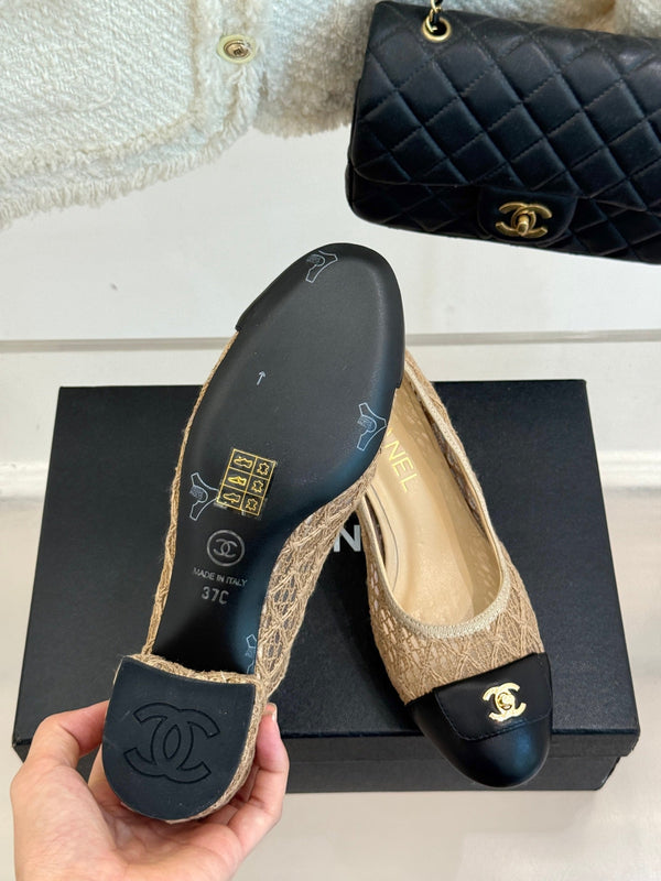 Chanel 25 Ballet Flat 50mm Beige Black Woven Lambskin 473050