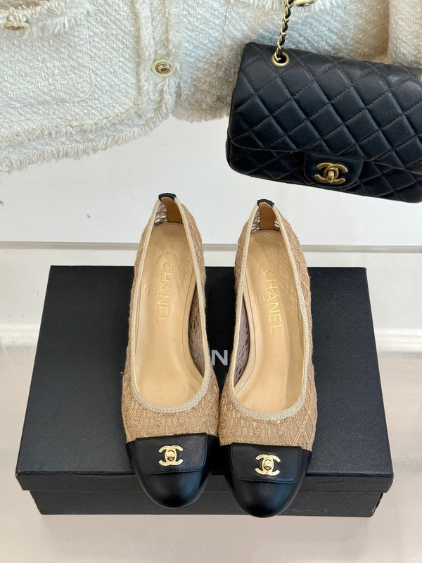 Chanel 25 Ballet Flat 50mm Beige Black Woven Lambskin 473050