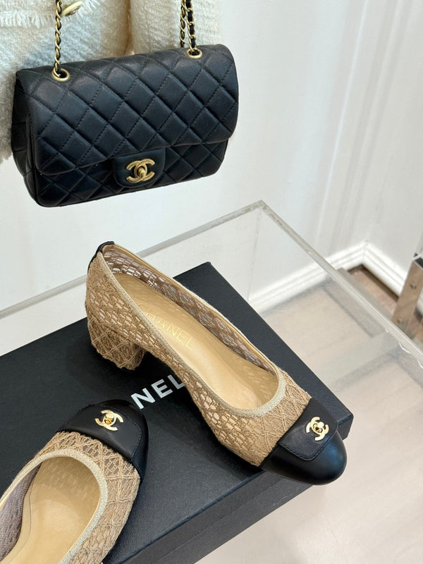 Chanel 25 Ballet Flat 50mm Beige Black Woven Lambskin 473050