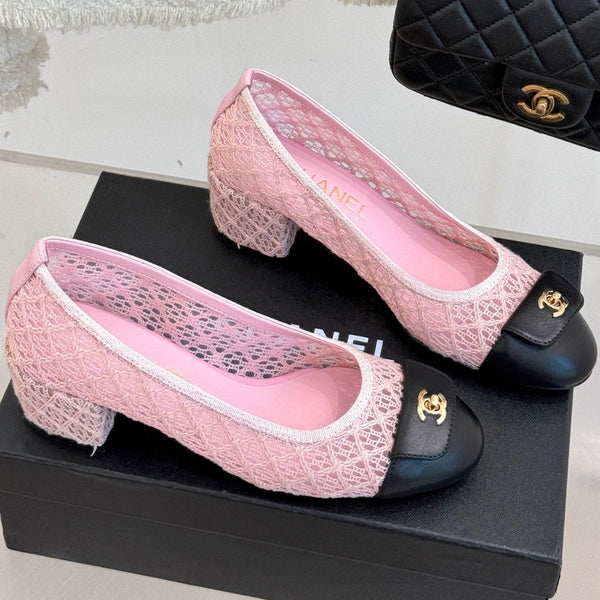 Chanel 25 Ballet Flat 50mm Pink Black Woven Lambskin 473052