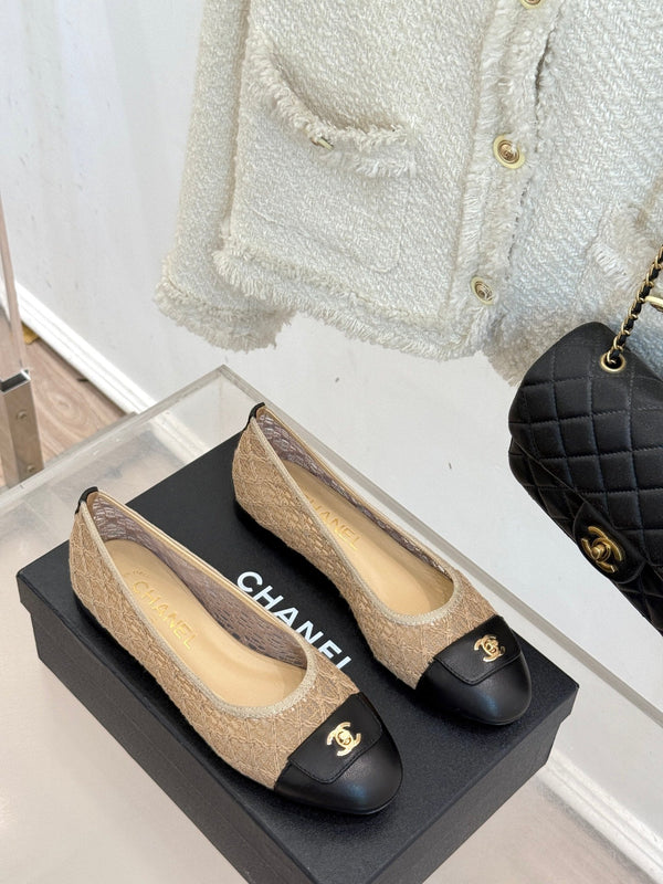 Chanel 25 Ballet Flat Beige Black Woven Lambskin 473056