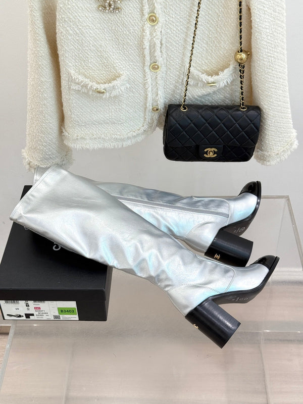 CC Classic Long Boots Block Heel 90mm Sliver Metalic Calfskin 465392