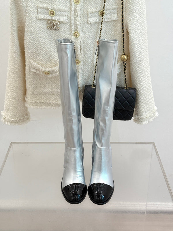 CC Classic Long Boots Block Heel 90mm Sliver Metalic Calfskin 465392