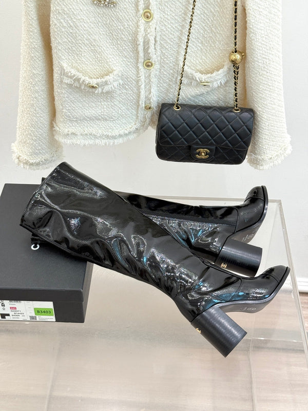 CC Classic Long Boots Block Heel 90mm Black Patent Leather 465395