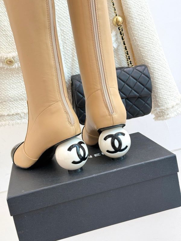 Chanel 25 Double C Giant Pearl Heel Long Boot Beige Black Sheepskin 465411