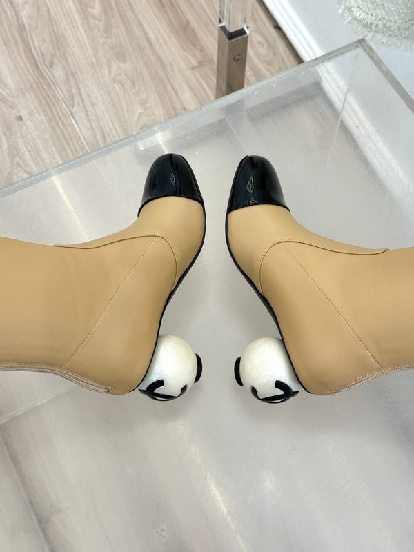 Chanel 25 Double C Giant Pearl Heel Long Boot Beige Black Sheepskin 465411