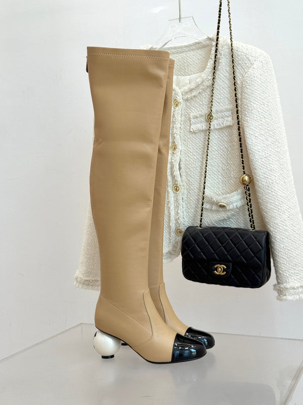 Chanel 25 Double C Giant Pearl Heel Long Boot Beige Black Sheepskin 465411