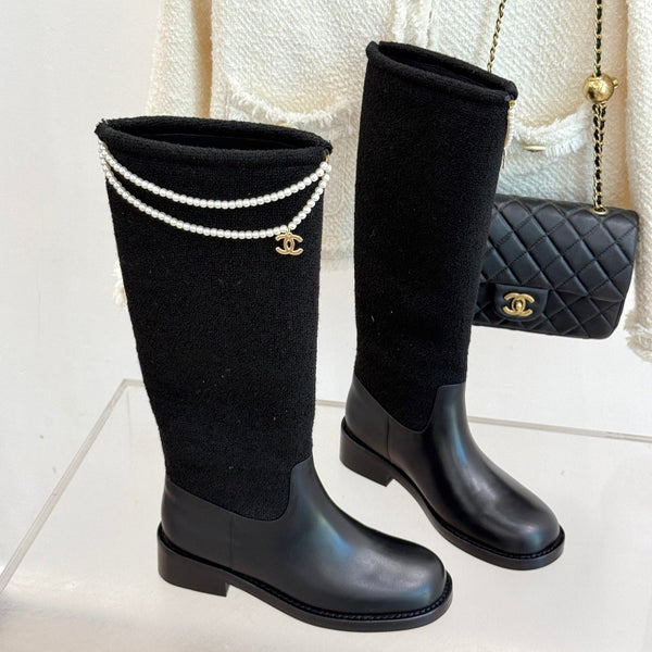 Chanel 25 Four-Leaf Clover Pearls Double C Long Boots Black Woven Sheepskin 465407