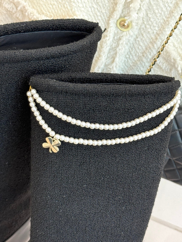 Chanel 25 Four-Leaf Clover Pearls Double C Long Boots Black Woven Sheepskin 465407