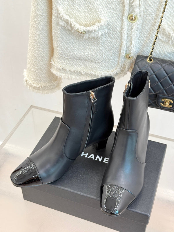 Chanel Double C Colorblock Heel Boot Black Sheepskin 465416