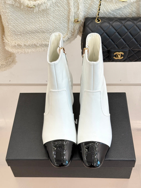 Chanel Double C Colorblock Heel Boot White Sheepskin 465415
